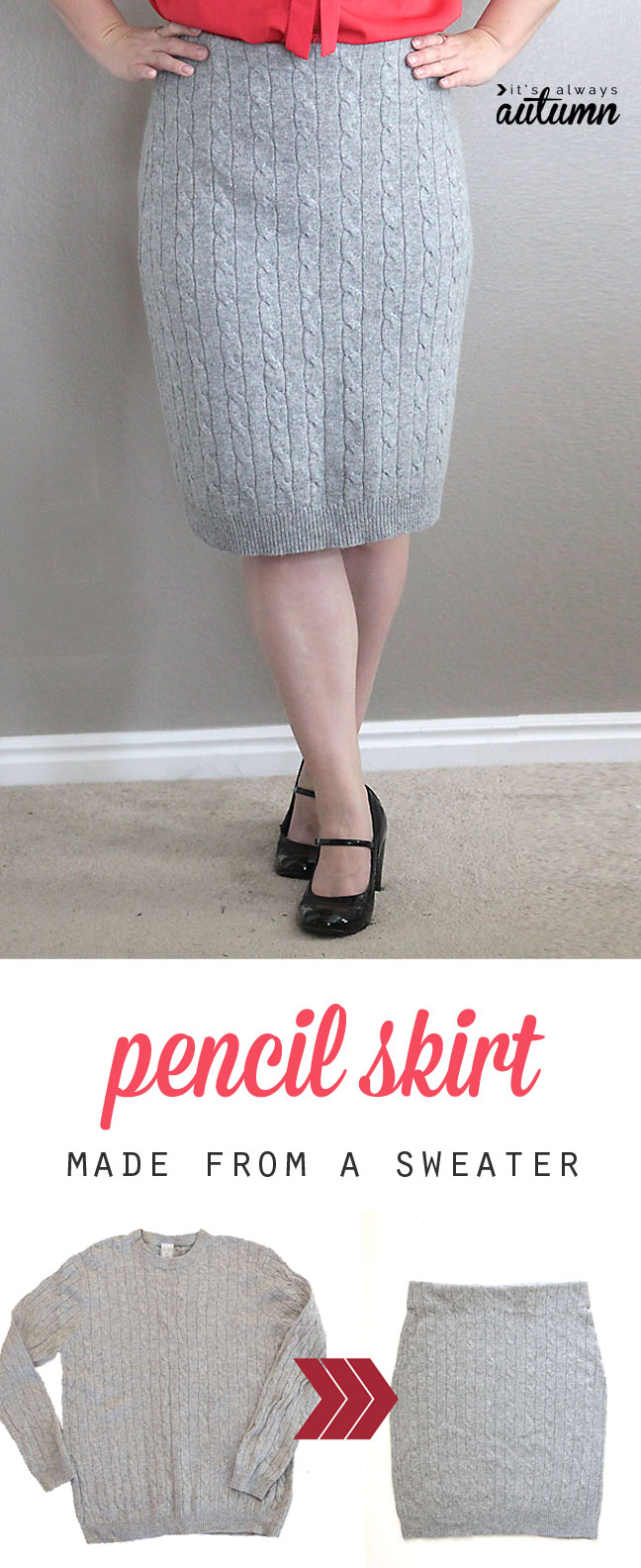 A woman wearing a pencil skirt made from a cable knit sweater