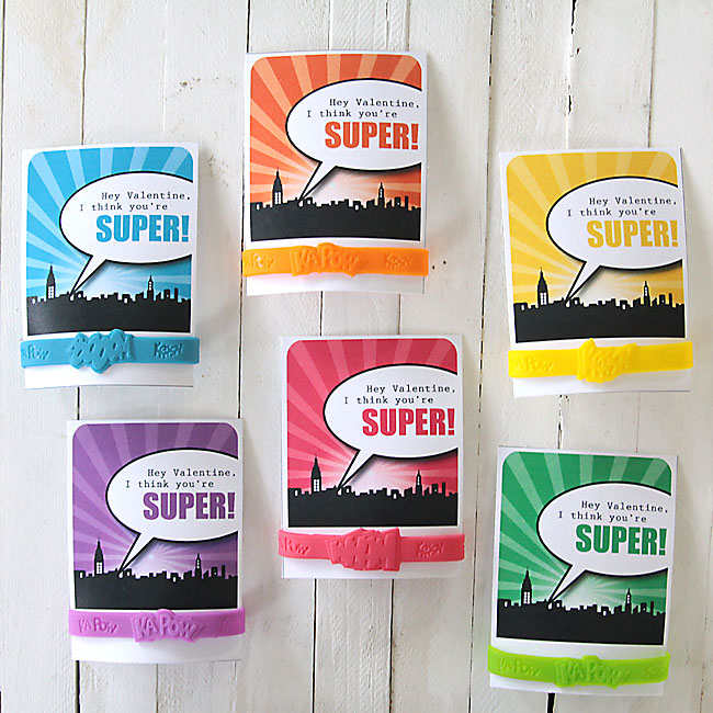 love this no-candy Valentine's day idea - cute printable cards with superhero bracelets! you can get 24 bracelets for only $6