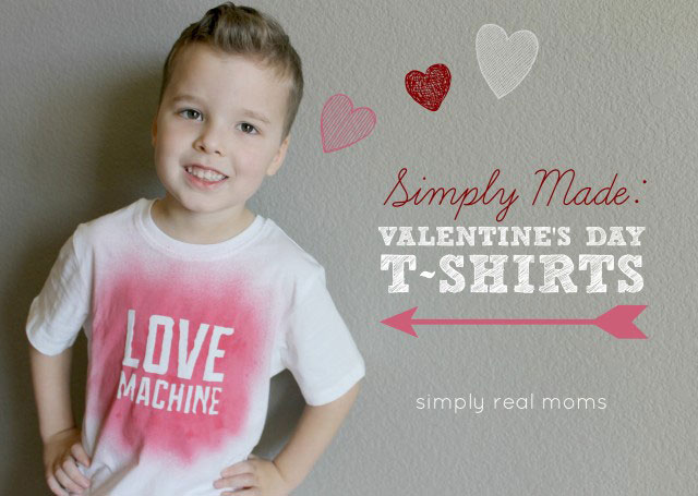 A little boy wearing a DIY valentines day shirt that says love machine