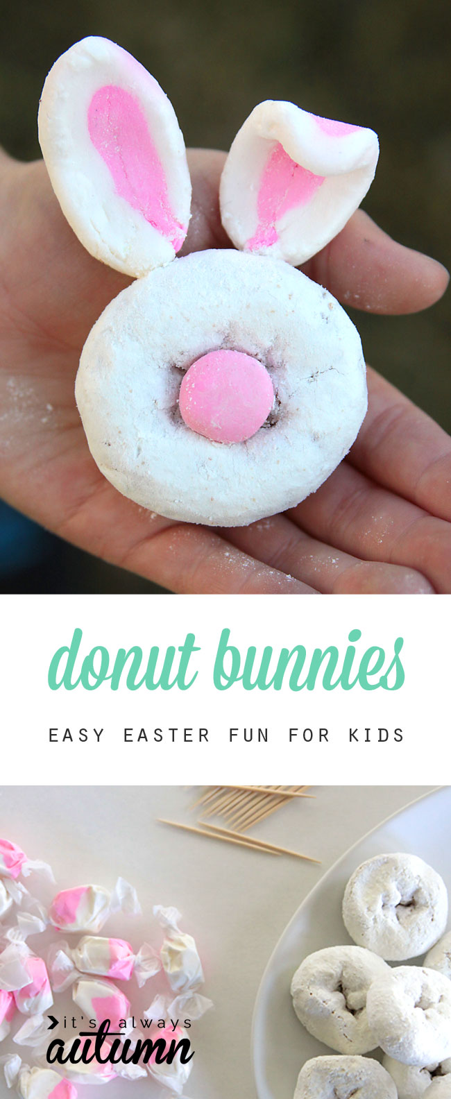 donut bunnies made from powdered donuts and taffy candy