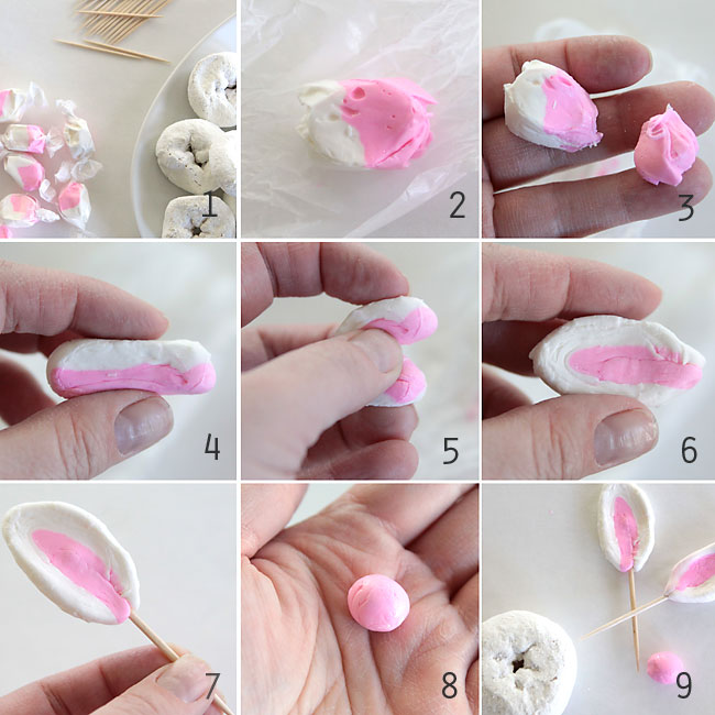Using pink and white taffy to make Easter bunny ears