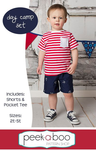 Little boy wearing pocket t-shirt and shirts sewing pattern