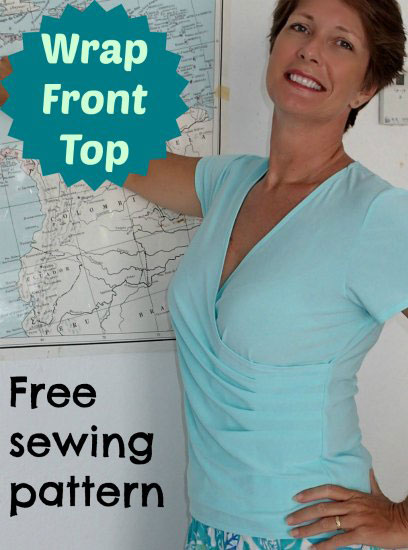 A woman wearing the wrap front top free sewing pattern