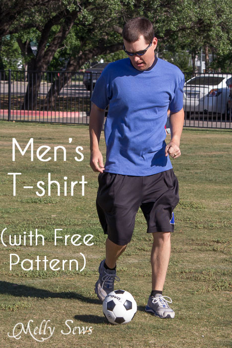 Man wearing the men\'s t-shirt free sewing pattern