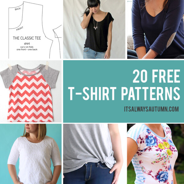 20 free t-shirt patterns you can print and sew at home! Free sewing patterns for women's t-shirts, kids t-shirts, mens t-shirts.