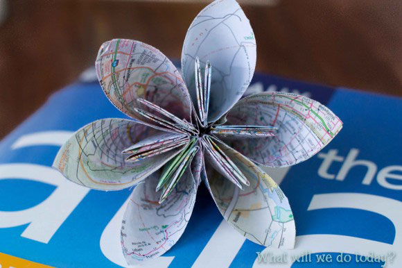 Origami flower made from map paper