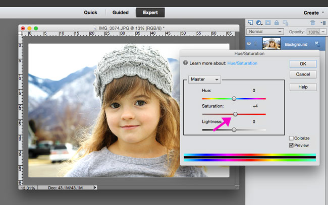 adjusting the saturation of a photo in Photoshop Elements