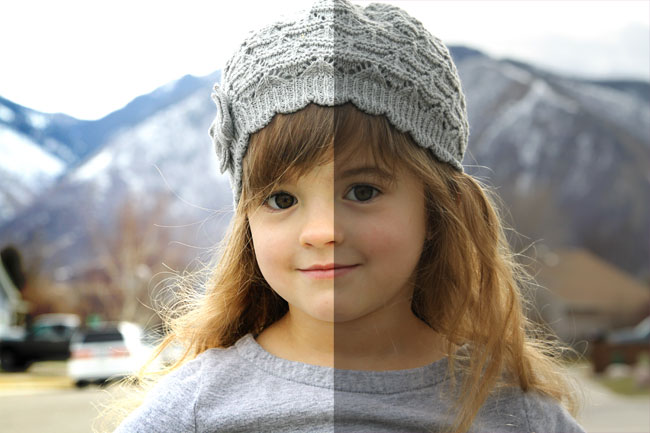 a before and after of editing a photo of a girl in a hat