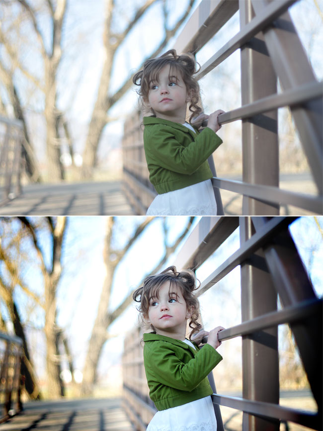 A little girl on a bridge and a brightened version of the same photo