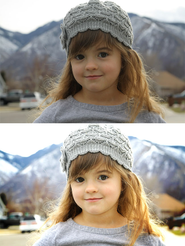 A little girl wearing a hat and smiling at the camera, and the edited version of the same photo