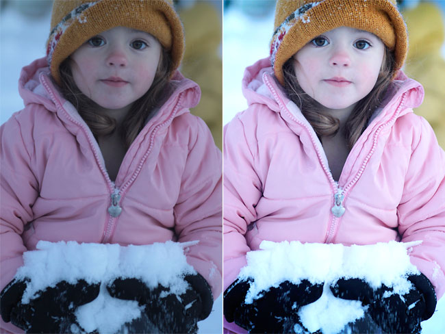 A little girl standing in the snow and a brightened version of the same photo