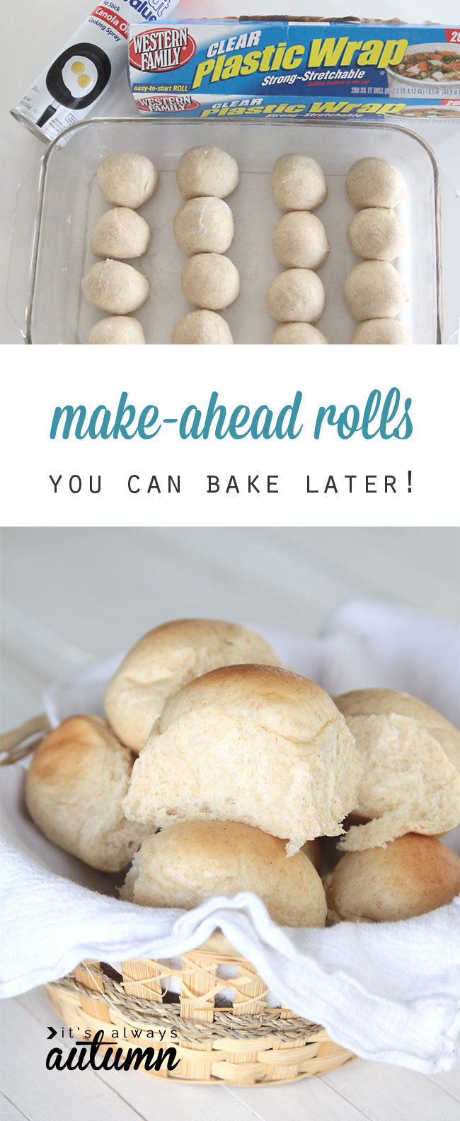Dinner rolls made in advance and frozen as dough balls; homemade dinner rolls in a basket