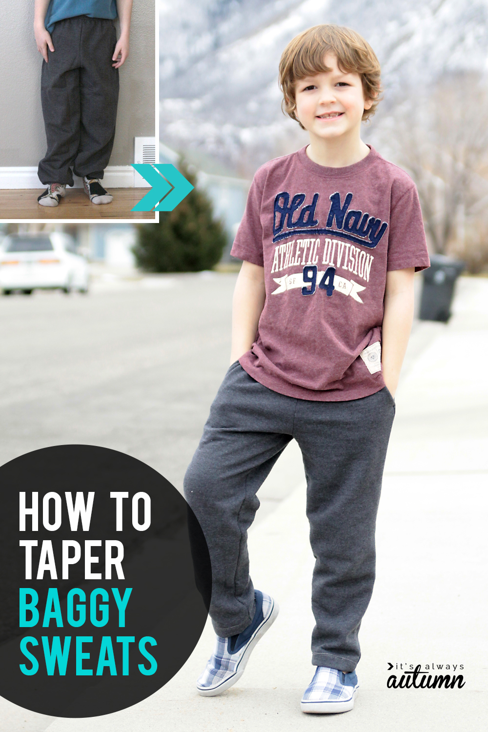 How to taper baggy sweatpants! Easy sewing tutorial for giving old baggy sweatpants a slimmer fit.