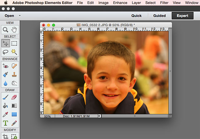 A photo with a yellow color cast open in Photoshop Elements