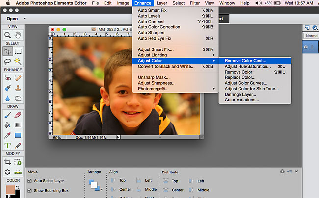 Enhance menu - adjust color - remove color cast in Photoshop Elements