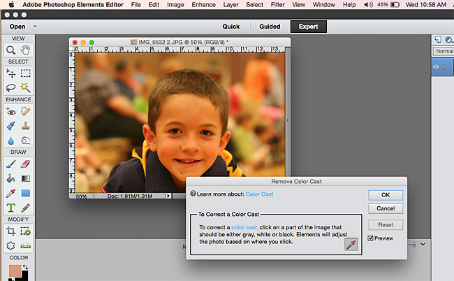 Photo open in Photoshop ELements with remove color cast tool