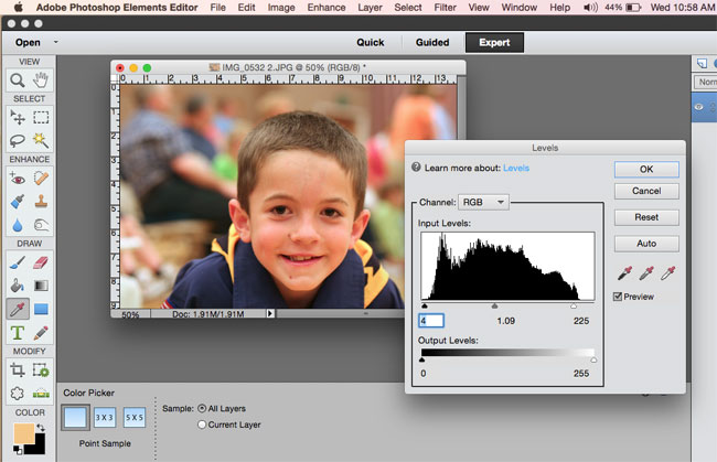 adjusting photo in Photoshop Elements with levels menu