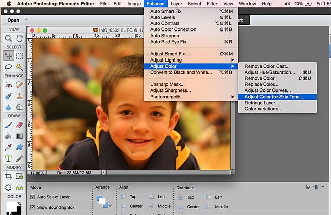 photoshop elements Enhance menu - adjust color - remove color cast