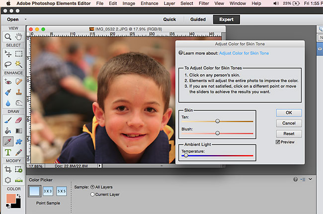 adjust color for skin tone tool in Photoshop Elements