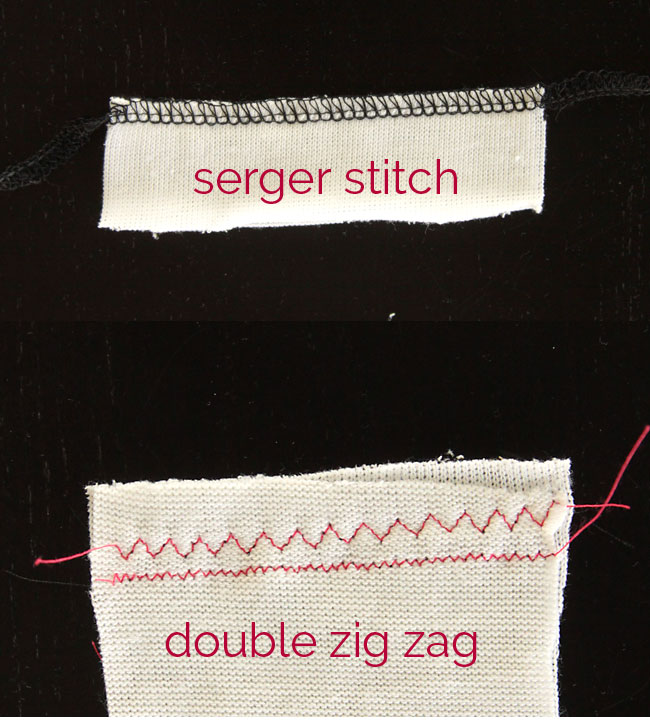 knit fabric with serger stitch that finished the edge; another piece of knit fabric with a double zig zag stitch
