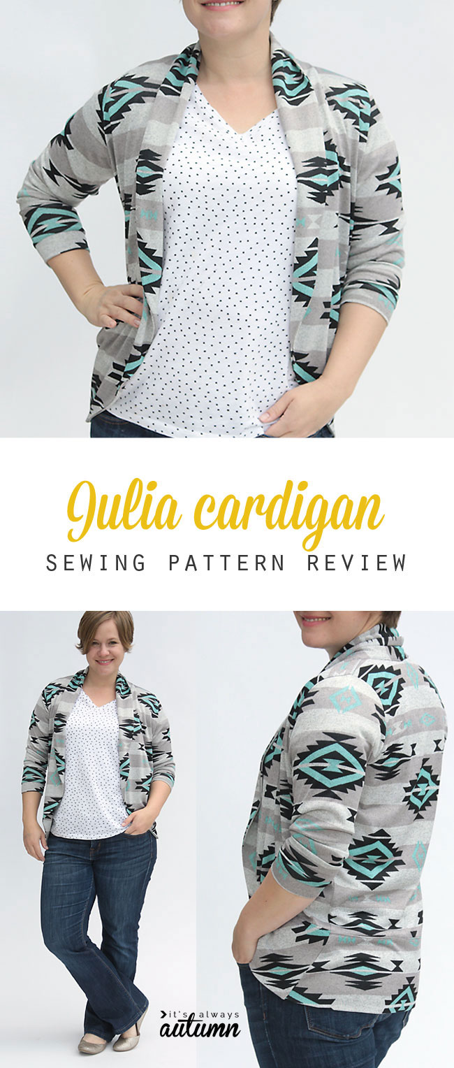 A woman wearing the julia cardigan sewing pattern