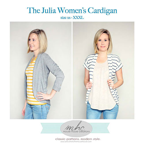 woman modeling the Julia Women\'s cardigan sewing pattern