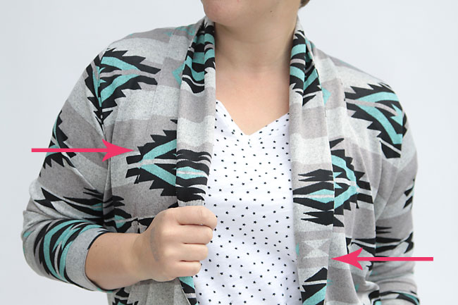 woman wearing cardigan made from the julia cardigan sewing pattern