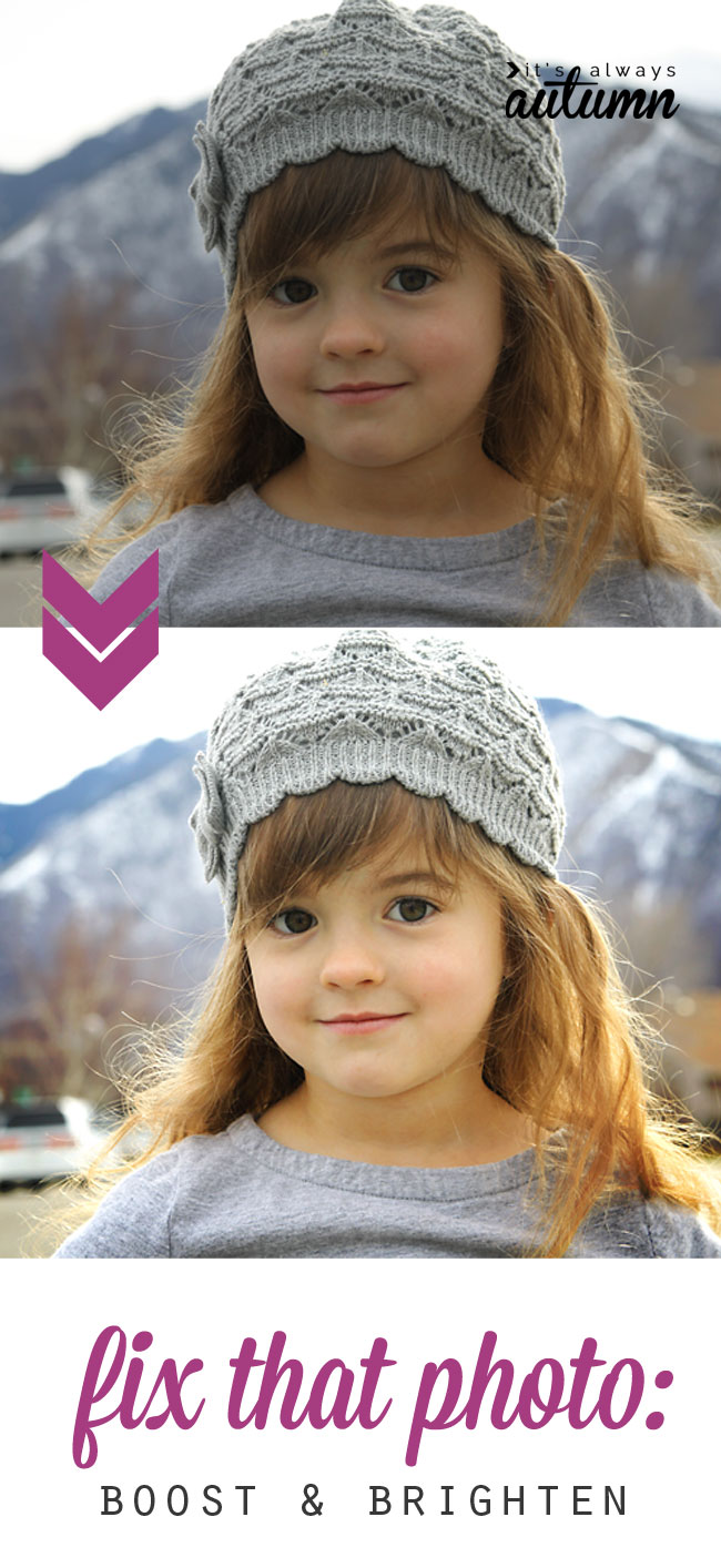 before and after photos of a girl in a hat that has been boosted and brightened