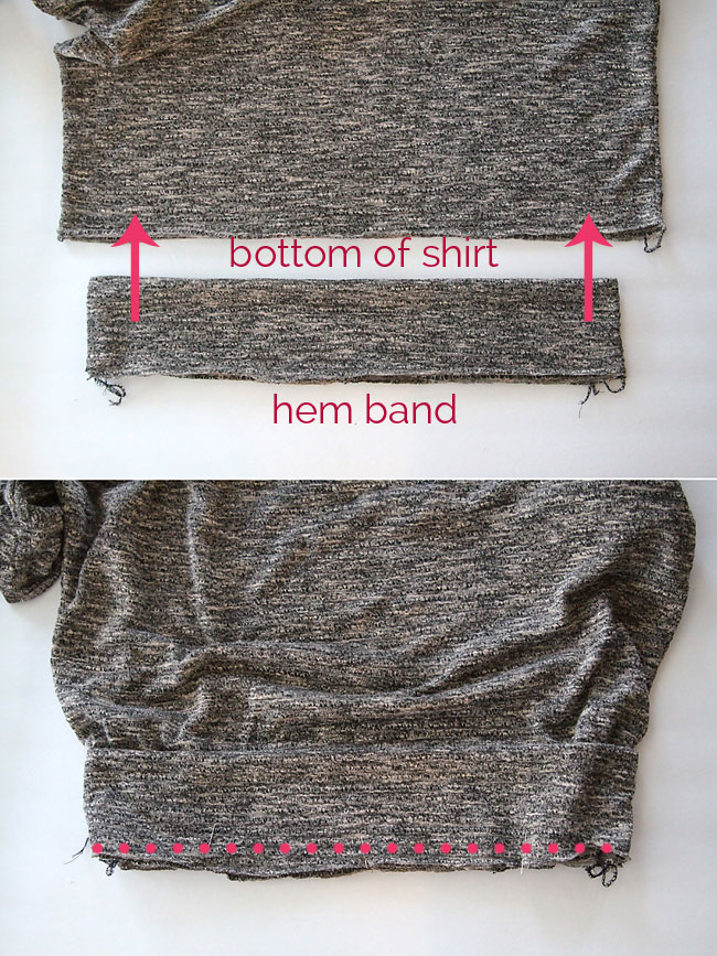 Hemband goes over bottom of shirt, sew along raw edges