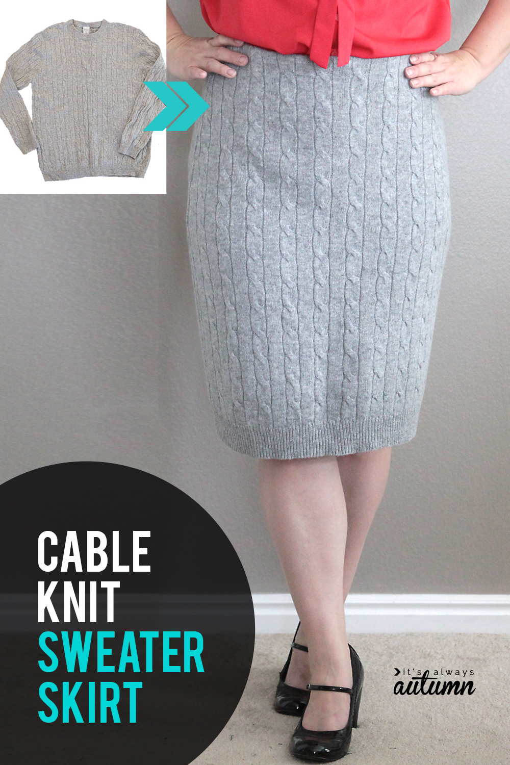 How to refashion a cable knit sweater into a cute cable knit skirt! Easy sewing tutorial.