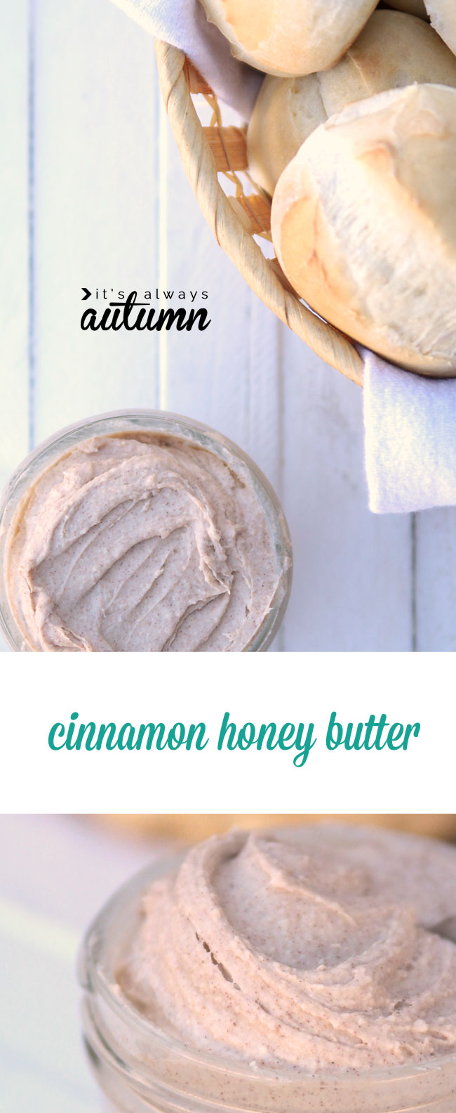 homemade cinnamon honey butter with a basket of rolls