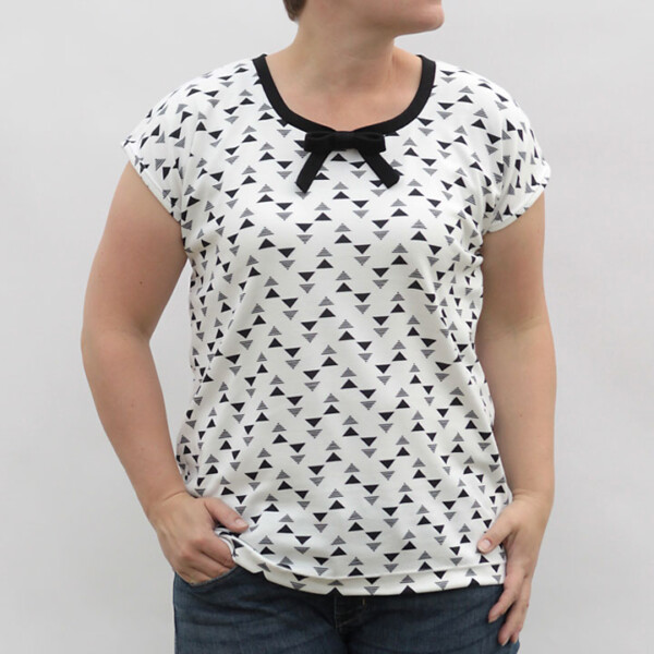 A woman wearing a t-shirt made from a free sewing pattern