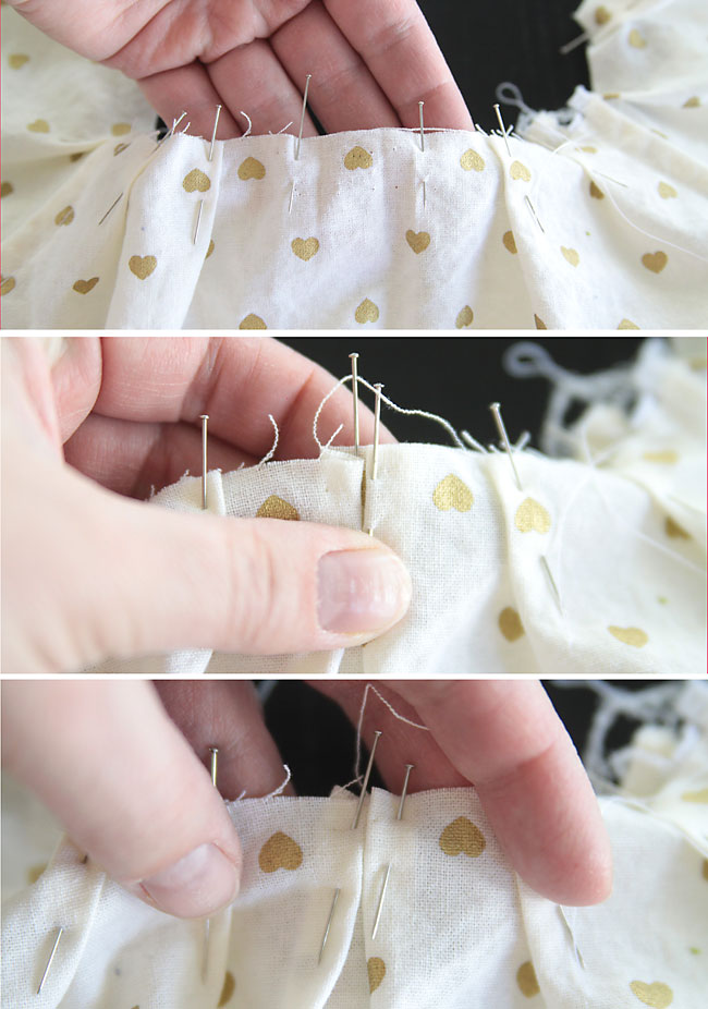 hands creating pleats in neckline