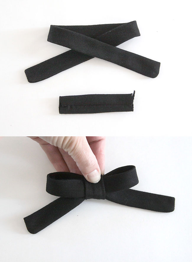 Making a bow from finished black fabric strips