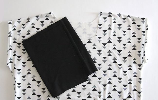 patterned fabric cut in t-shirt shape and black knit fabric