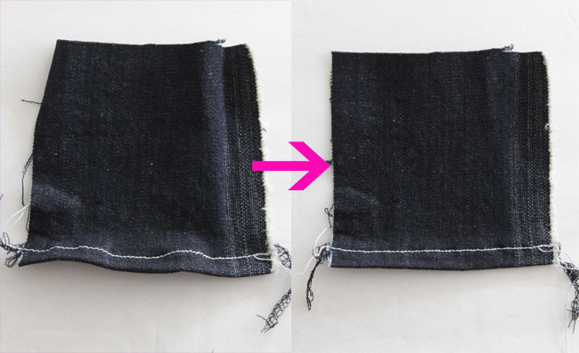 Denim with a wave hem, then denim with a flat hem