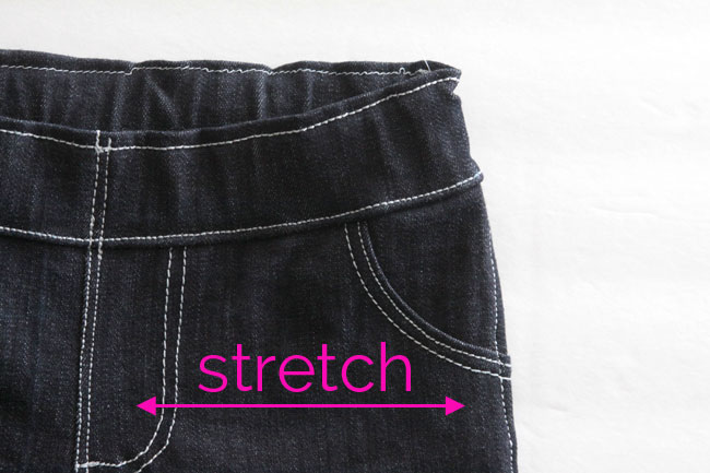 A close up of skinny jeans showing stretch from side to side