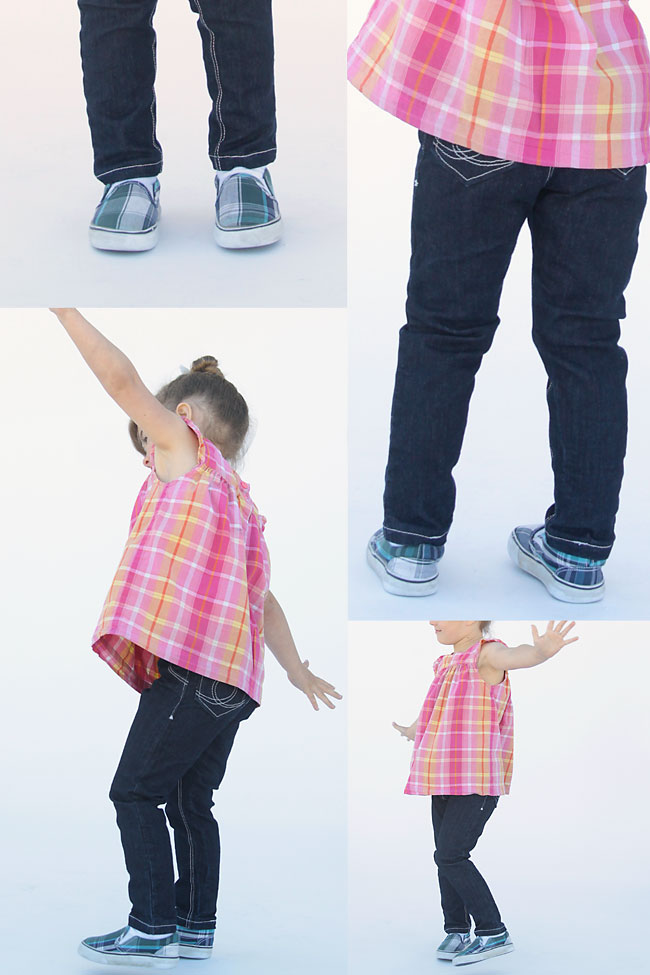 Easy to follow sewing tutorial teaches you how to make skinny jeans for a little girl using any leggings tutorial.