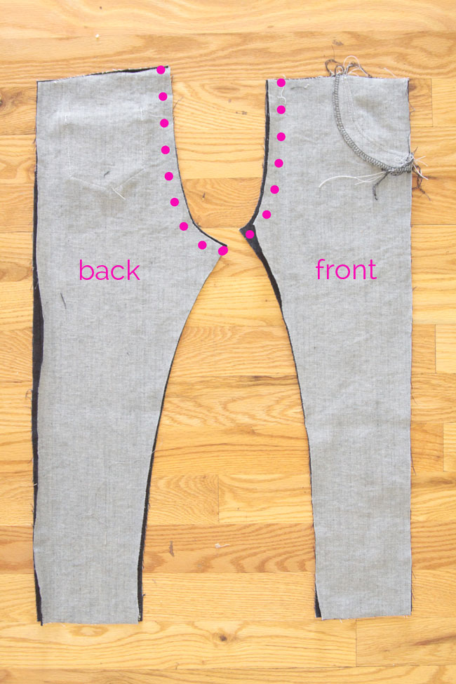 Skinny jeans pieces with seams marked