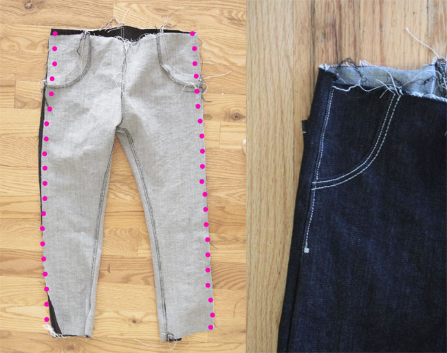 Little girls skinny jeans with outside seams marked