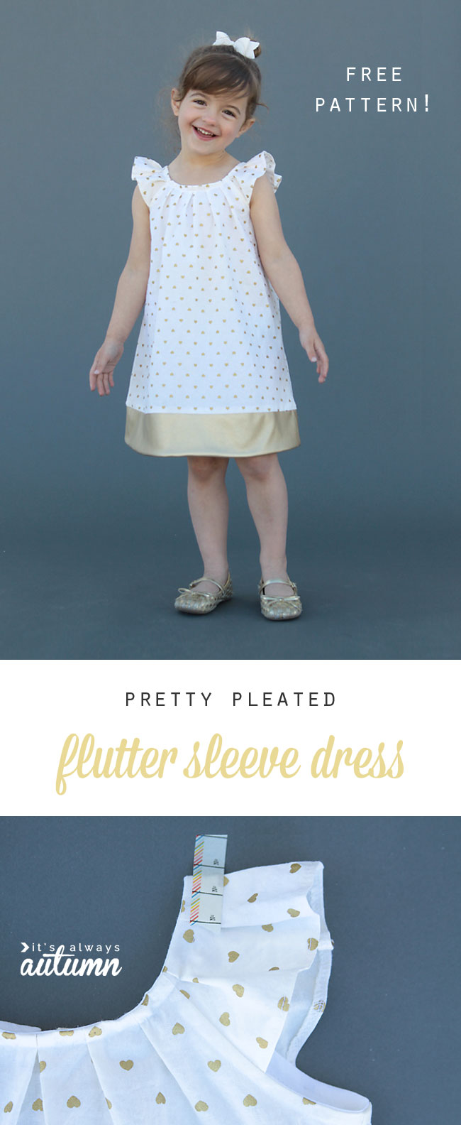 a girl in a pleated flutter sleeve dress made from a free sewing pattern