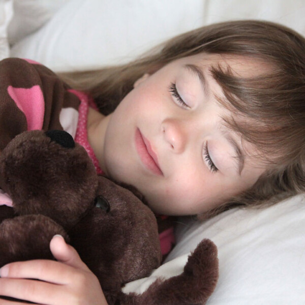 A little girl asleep in bed with a stuffed animals