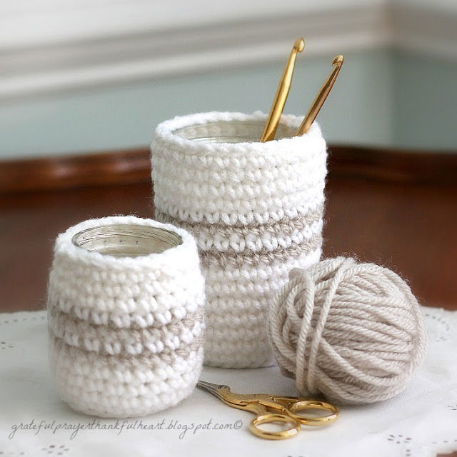 Crochet baskets with crochet hooks in them