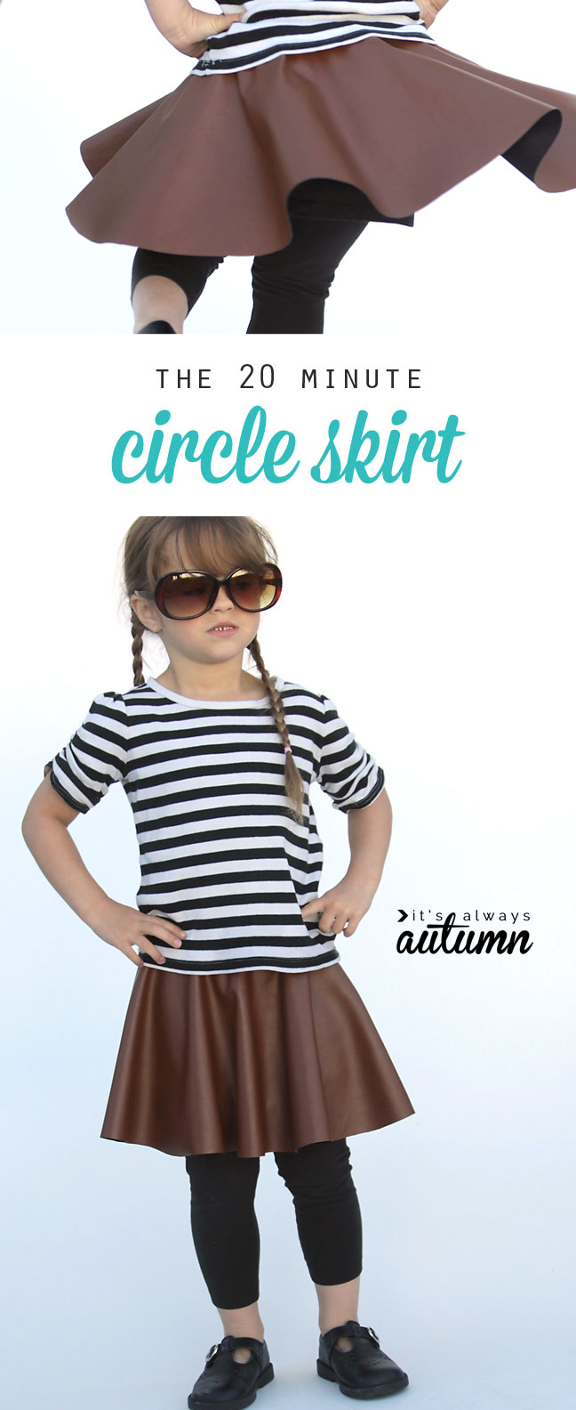girl wearing a striped shirt and a circle skirt made from faux leather
