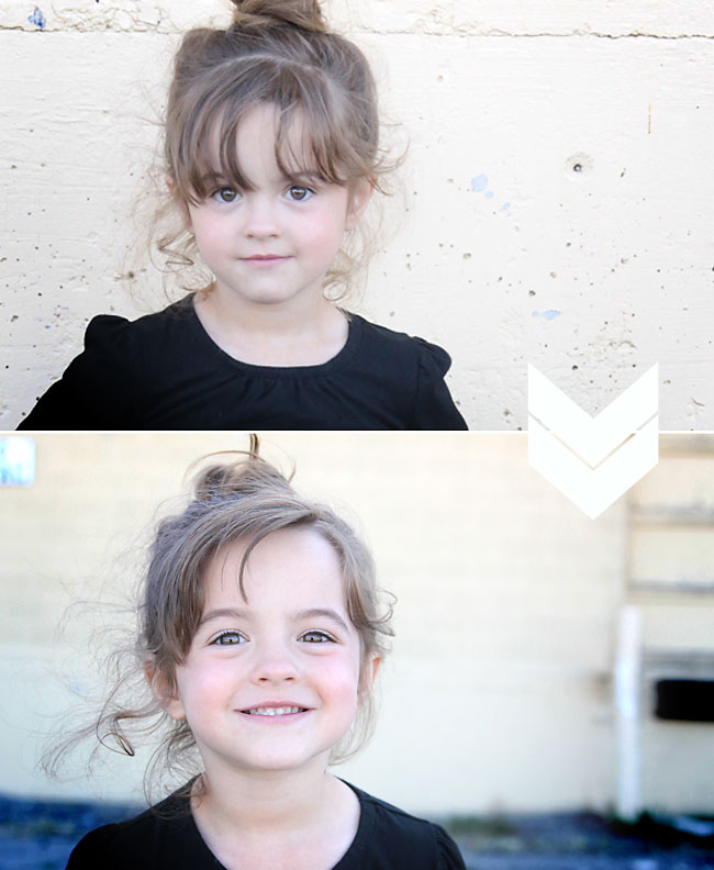 A girl standing in front of a wall, then the same girl in front of a blurred wall