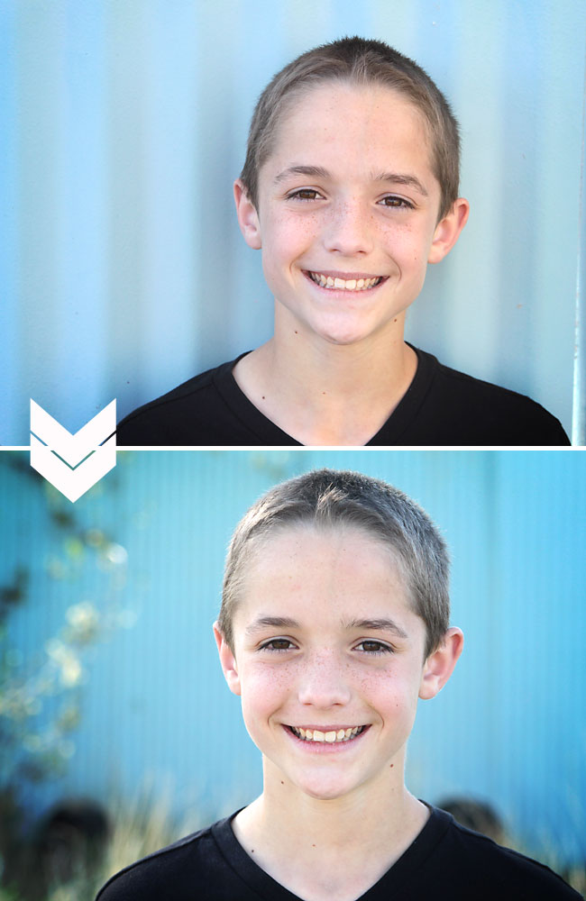 Before and after of a boy standing in front of a wall, then photo with wall blurred out in the background