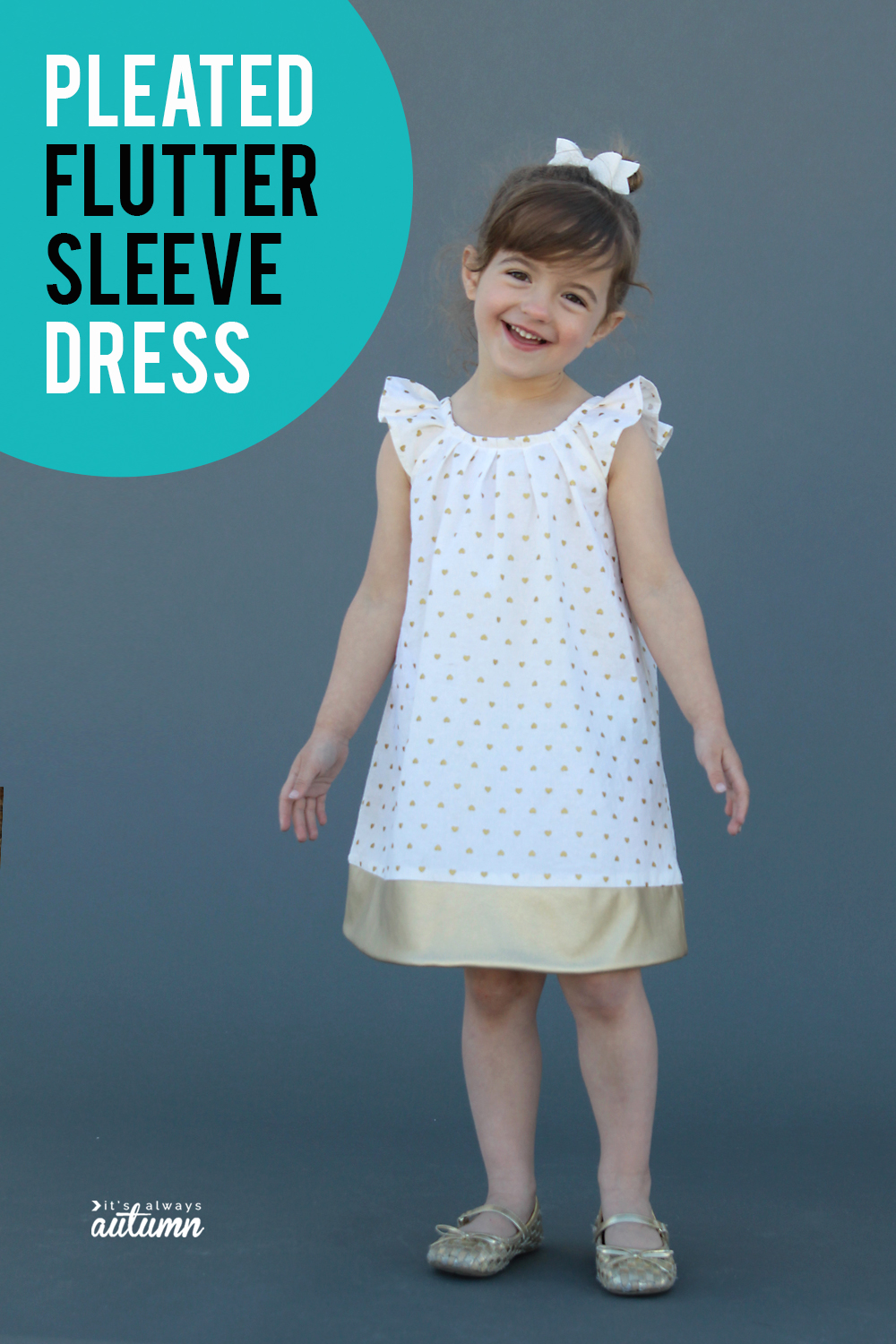 Click through for the sewing pattern for this cute girls pleated flutter sleeve dress in size 4T.