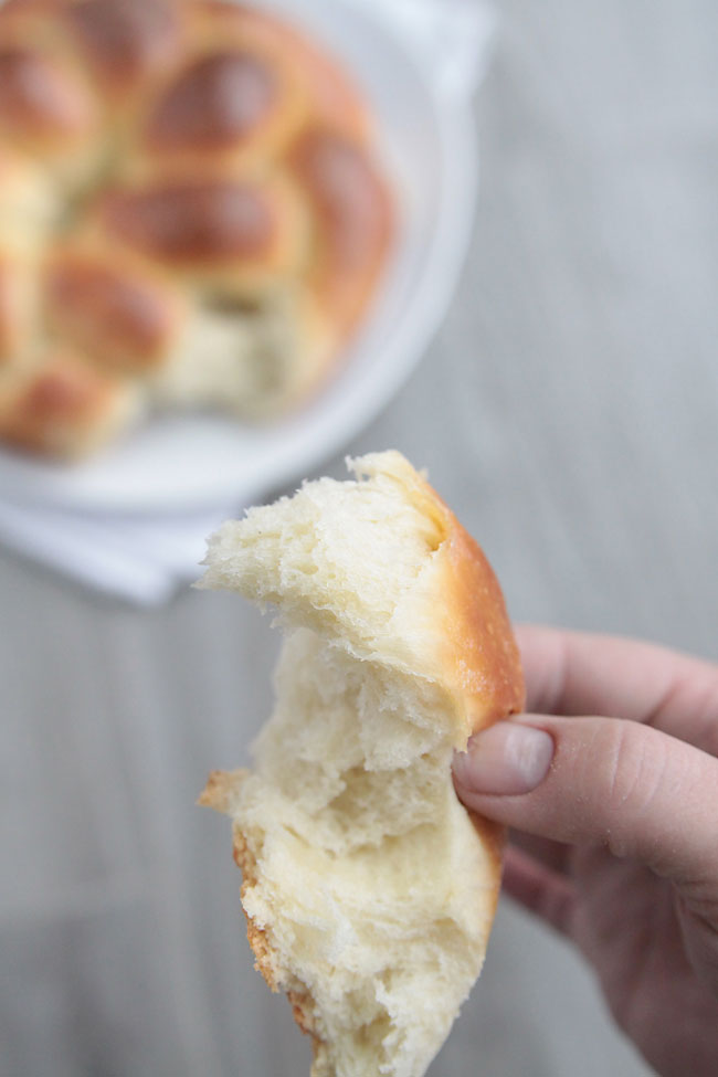 Hand holding a piece of braided bread