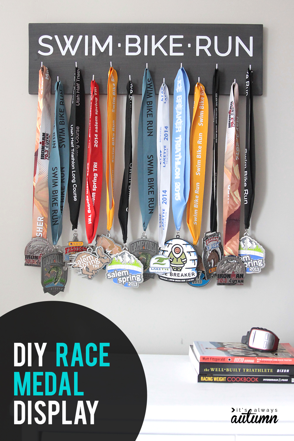 Show off your medals with this DIY race medal display. Perfect handmade gift for runners, triathletes, and more! Click through for easy instructions.
