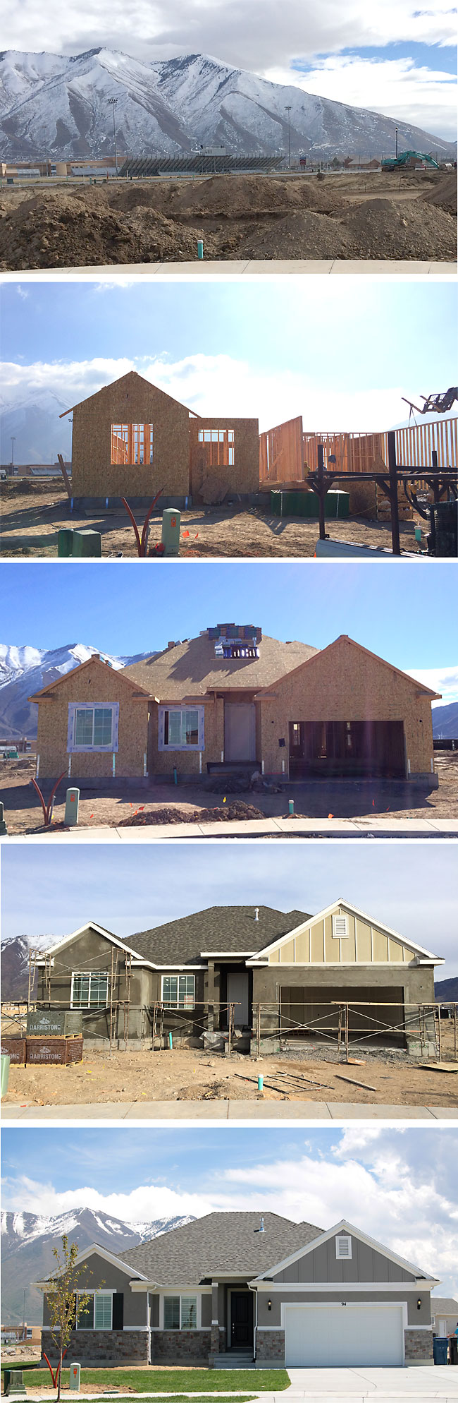 collage of photos showing house in various stages of building process